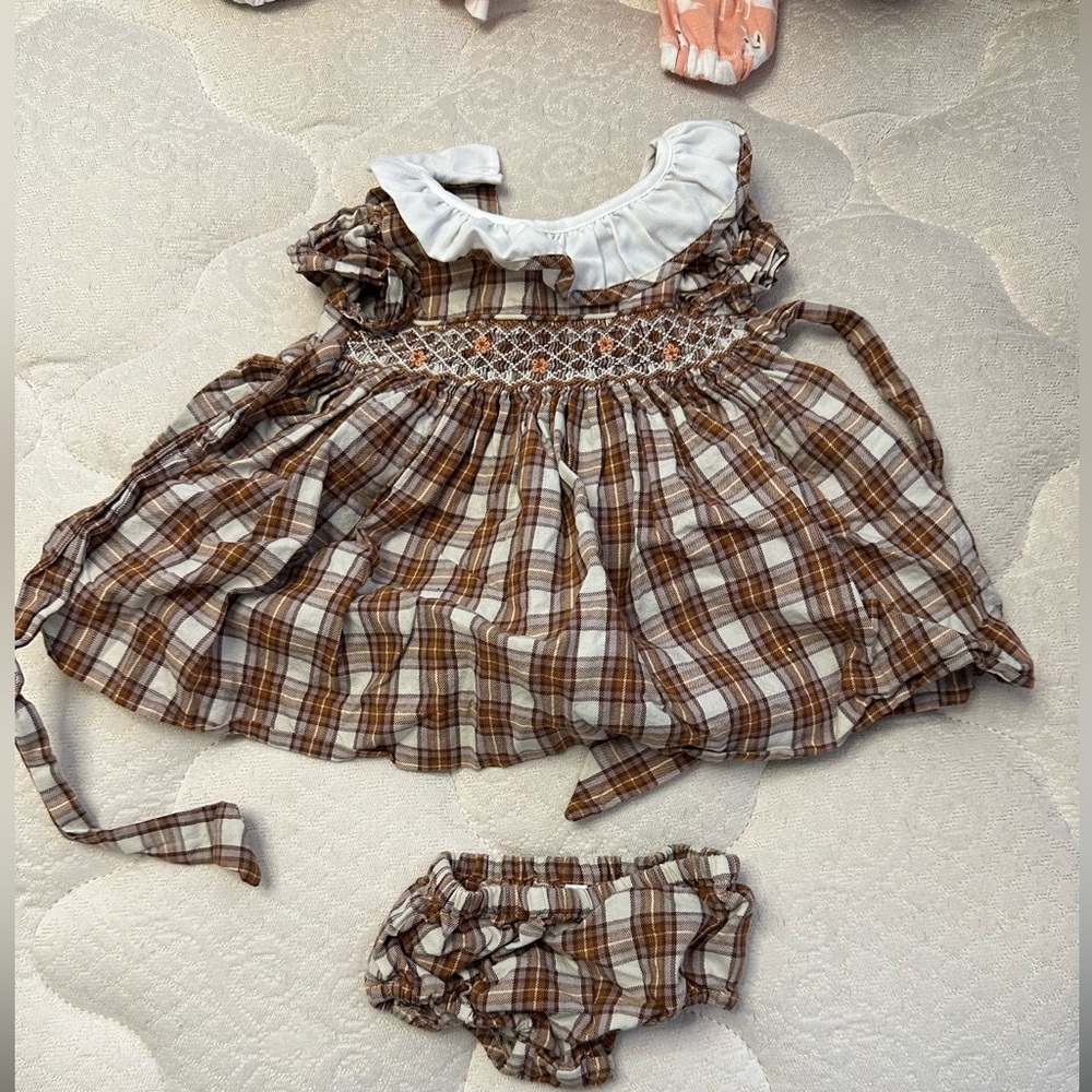 Edgehill Smocked Plaid Peterpan Collar Short Sleeve A-Line Dress